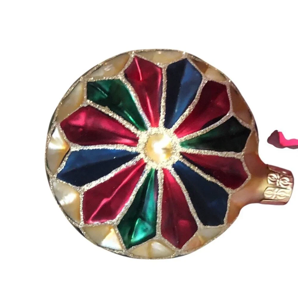 Vintage Pier 1 Hand Blown Glass Harlequin Ornament Red Blue Gold Glitter 2.5